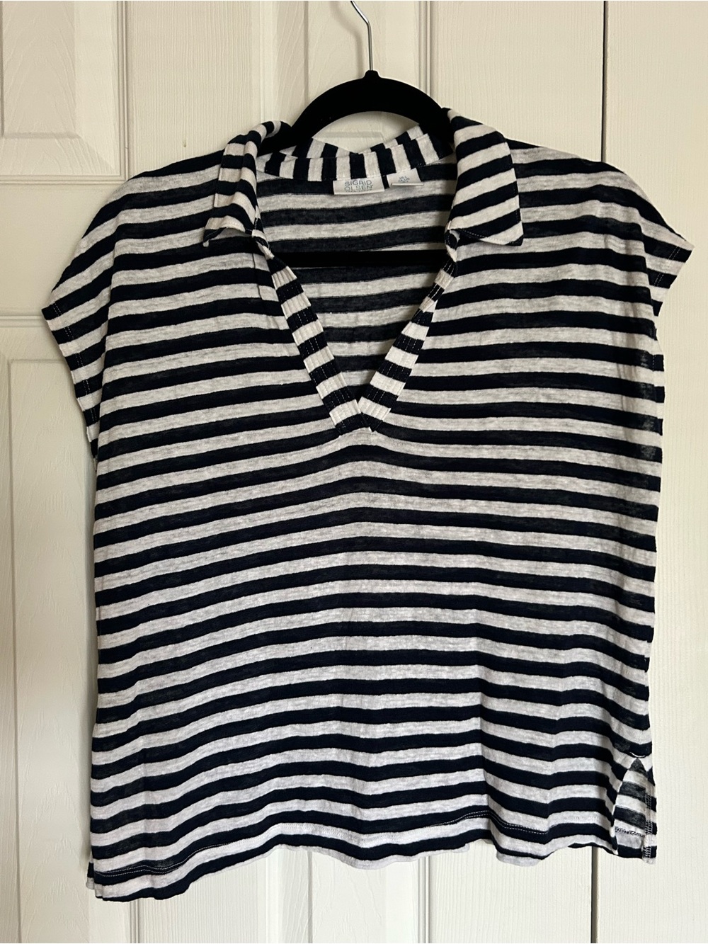 Sigrid Olsen 100% Linen Striped V-Neck Polo Top - Navy & White, size large